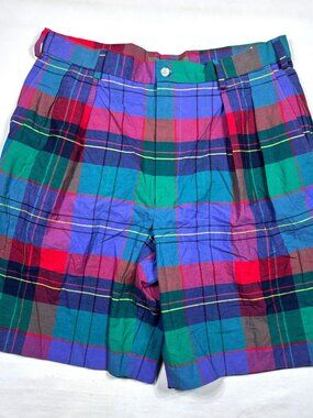 VTG 90s Whitfield & Bridges Madras Plaid Shorts Mens 33 Double Pleated Cotton